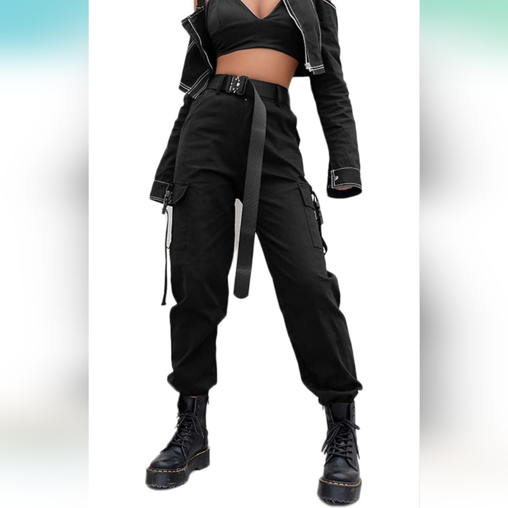 JEAAMKSSER Women's High-Waisted Baggy Y2K Cargo Pants L